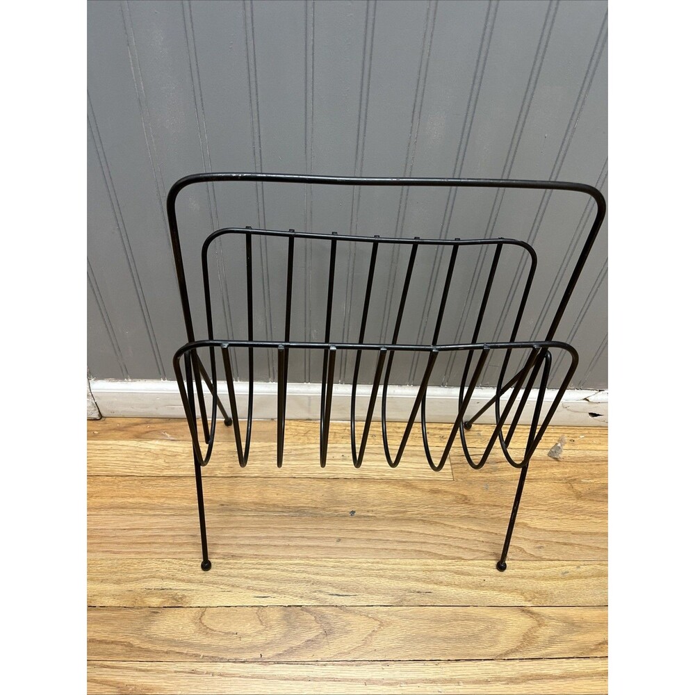 Vintage Mid-Century Black Wrought Iron Metal Magazine Rack Towel Holder